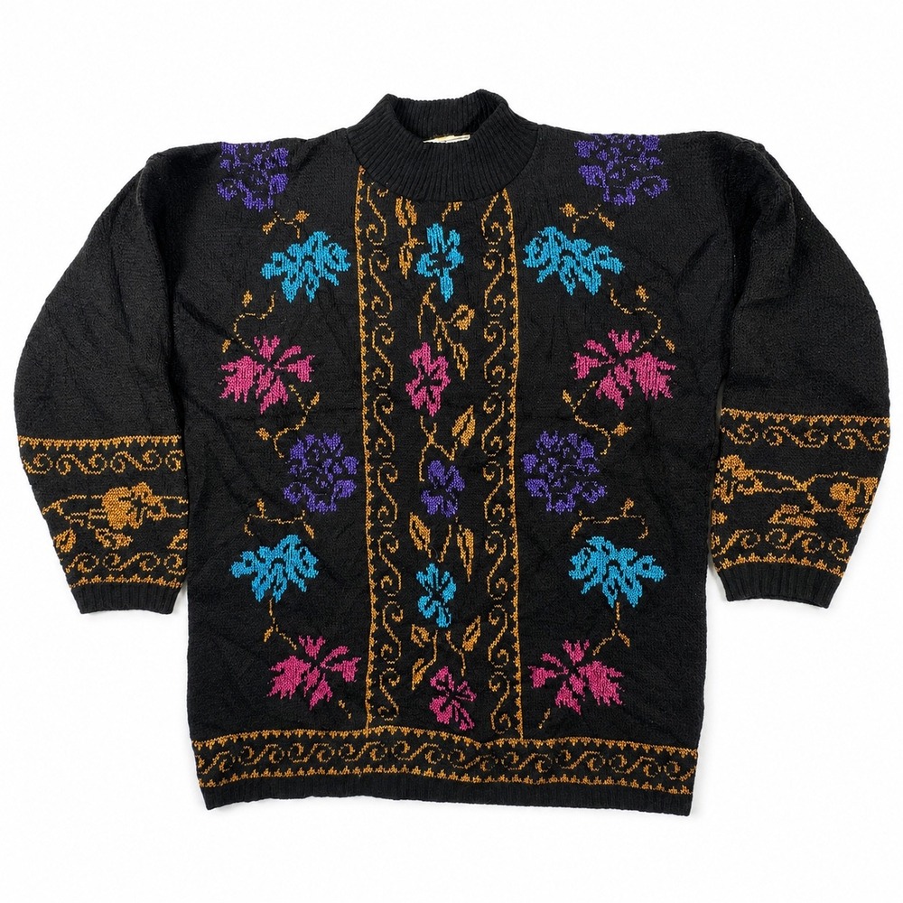 VTG Y2K Dana Scott USA Floral Lurex Mock Neck Sweater Womens M Black Cottagecore